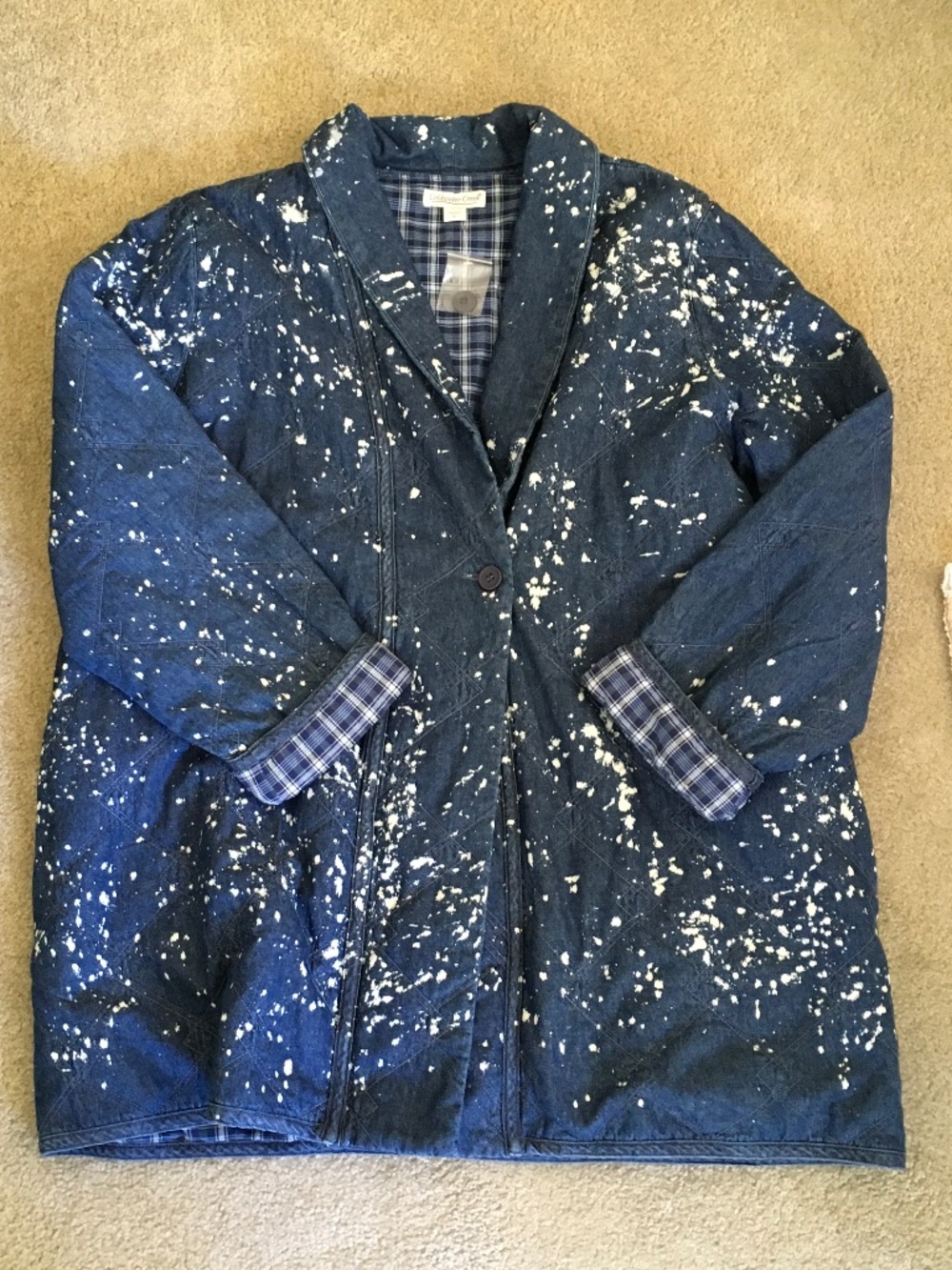 Coldwater Creek size XL quilted denim barn jacket fully lined in blue plaid.
